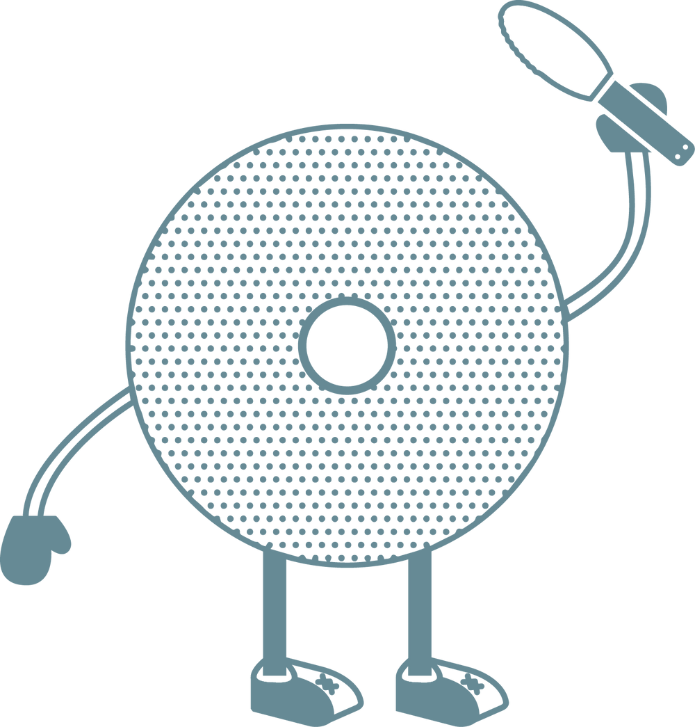 Line drawing of a bagel character holding a schmear knife